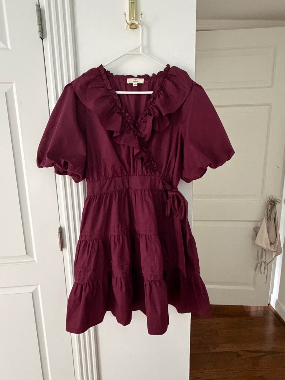 entro Burgundy Ruffle Wrap Mini Dress